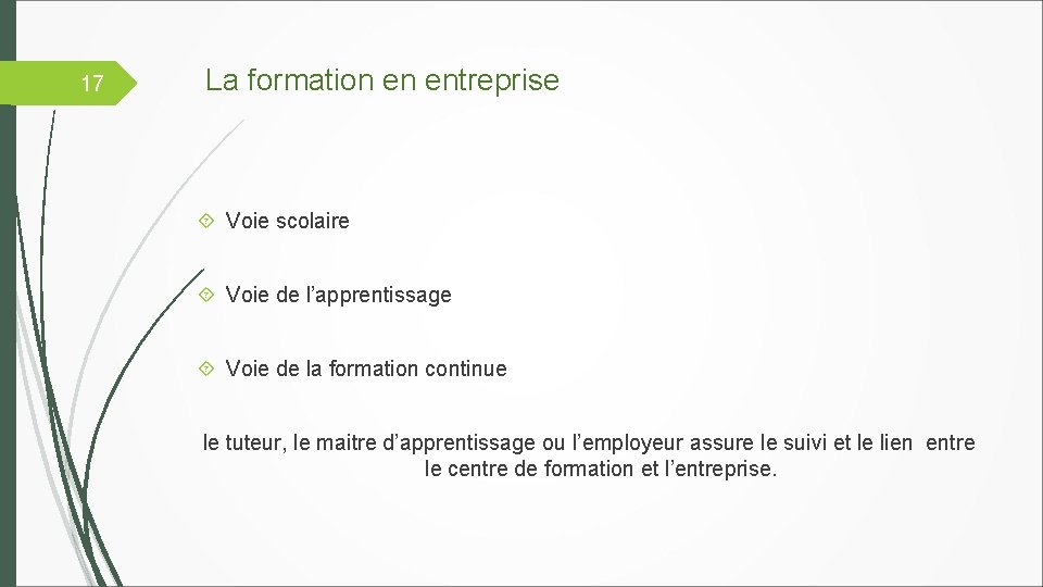 17 La formation en entreprise Voie scolaire Voie de l’apprentissage Voie de la formation