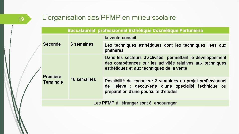 19 L’organisation des PFMP en milieu scolaire Baccalauréat professionnel Esthétique Cosmétique Parfumerie la vente-conseil