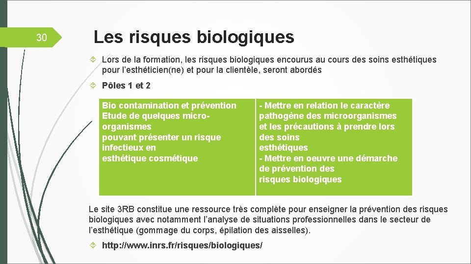 30 Les risques biologiques Lors de la formation, les risques biologiques encourus au cours