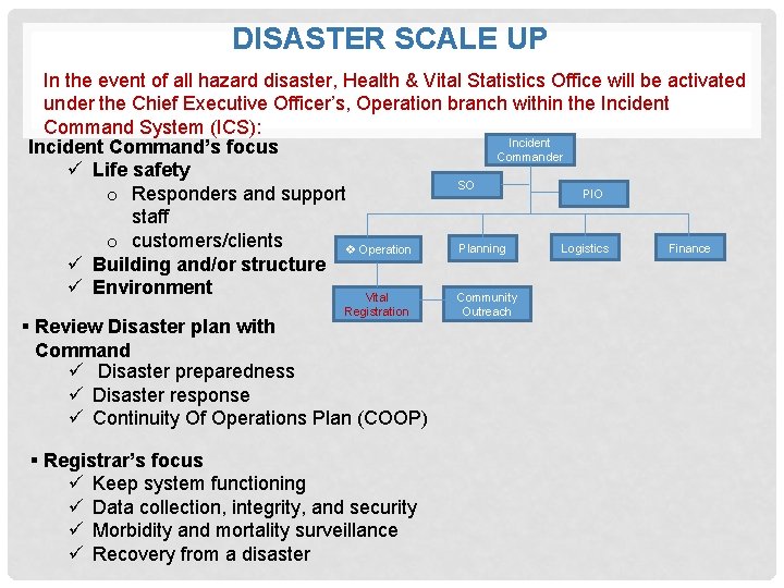DISASTER SCALE UP In the event of all hazard disaster, Health & Vital Statistics