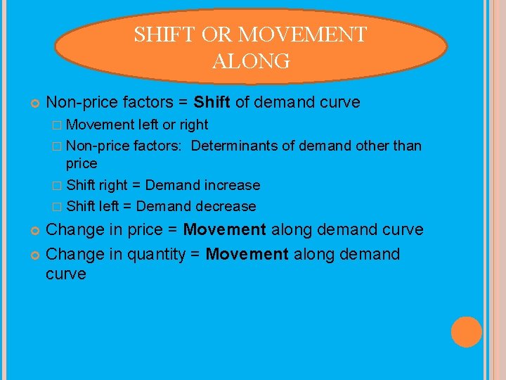 SHIFT OR MOVEMENT ALONG Non-price factors = Shift of demand curve � Movement left