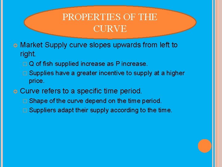 PROPERTIES OF THE CURVE Market Supply curve slopes upwards from left to right. �Q
