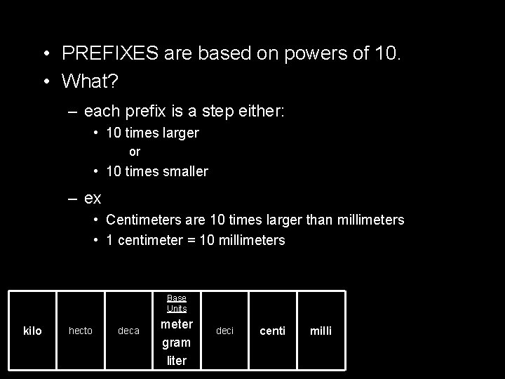  • PREFIXES are based on powers of 10. • What? – each prefix