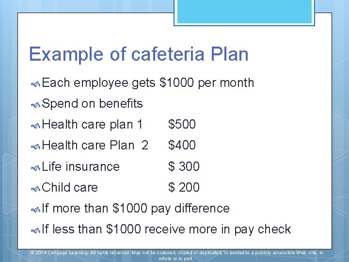 Example of cafeteria Plan Each employee gets $1000 per month Spend on benefits Health