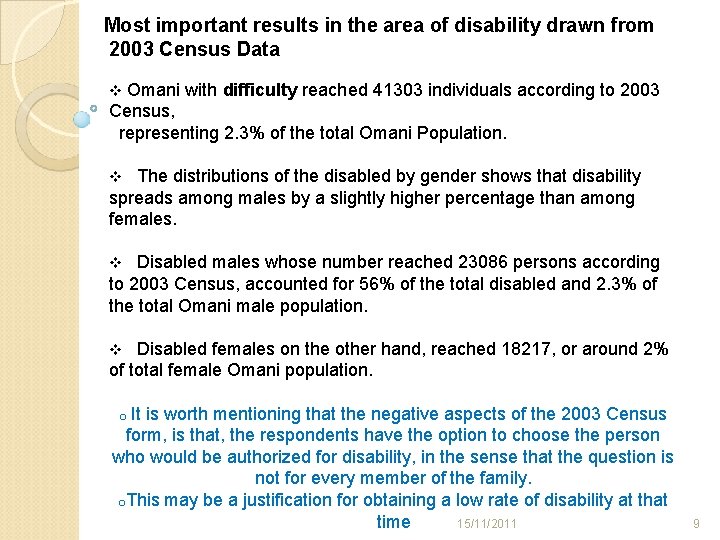 Most important results in the area of disability drawn from 2003 Census Data Omani