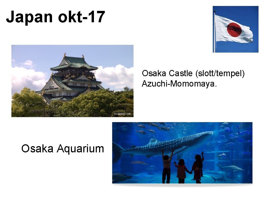 Japan okt-17 Osaka Castle (slott/tempel) Azuchi-Momomaya. Osaka Aquarium 