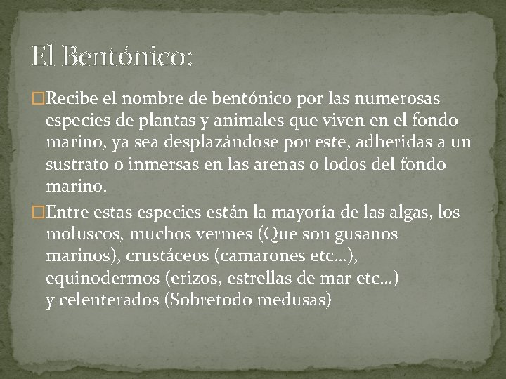 El Bentónico: �Recibe el nombre de bentónico por las numerosas especies de plantas y