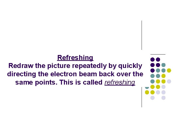 Refreshing Redraw the picture repeatedly by quickly directing the electron beam back over the
