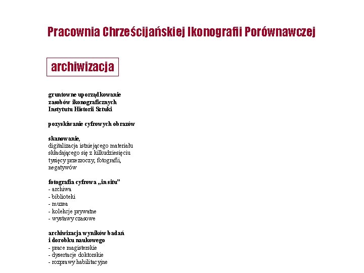 Pracownia Chrześcijańskiej Ikonografii Porównawczej archiwizacja gruntowne uporządkowanie zasobów ikonograficznych Instytutu Historii Sztuki pozyskiwanie cyfrowych