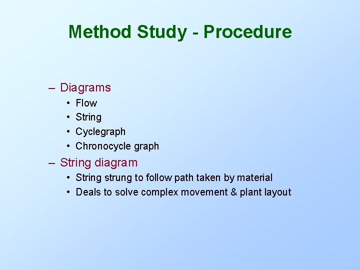 Method Study - Procedure – Diagrams • • Flow String Cyclegraph Chronocycle graph – Method Study - Procedure – Diagrams • • Flow String Cyclegraph Chronocycle graph –