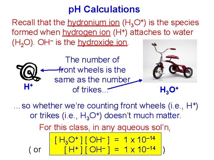 p. H Calculations Recall that the hydronium ion (H 3 O+) is the species