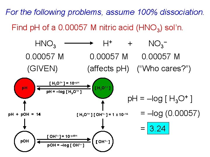 For the following problems, assume 100% dissociation. Find p. H of a 0. 00057