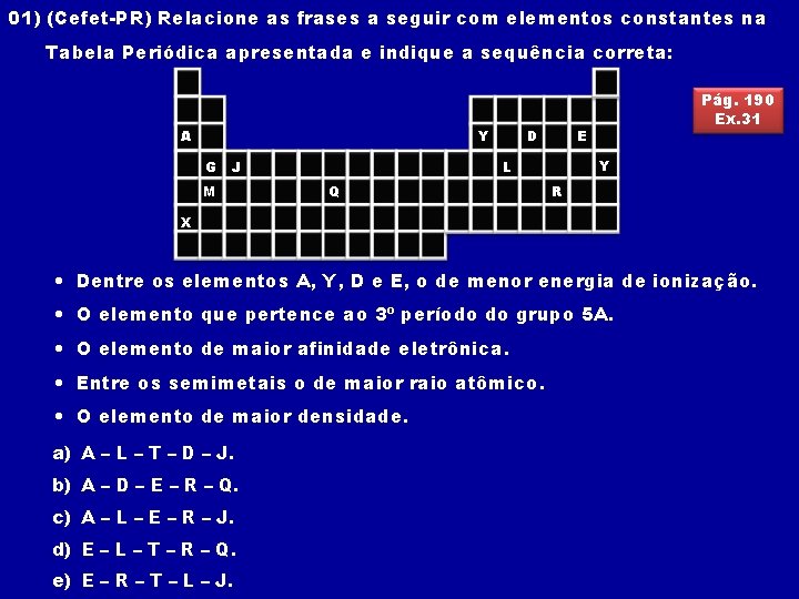 01) (Cefet-PR) Relacione as frases a seguir com elementos constantes na Tabela Periódica apresentada