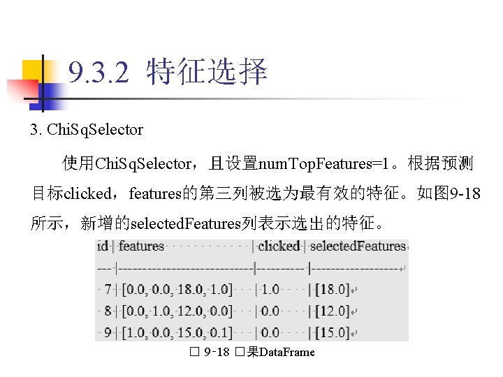 9. 3. 2 特征选择 3. Chi. Sq. Selector 使用Chi. Sq. Selector，且设置num. Top. Features=1。根据预测 目标clicked，features的第三列被选为最有效的特征。如图