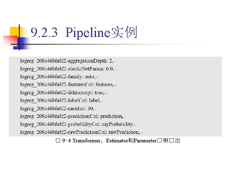 9. 2. 3 Pipeline实例 � 9‑ 4 Transformer、Estimator和Parameter� 例� 出 