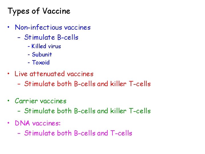 Types of Vaccine • Non-infectious vaccines – Stimulate B-cells - Killed virus - Subunit