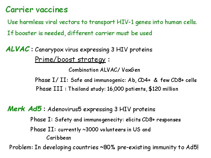 Carrier vaccines Use harmless viral vectors to transport HIV-1 genes into human cells. If