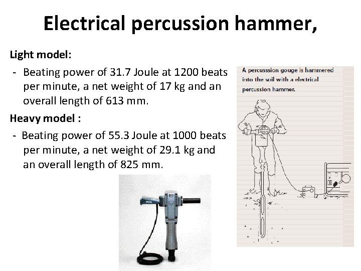 Electrical percussion hammer, Light model: - Beating power of 31. 7 Joule at 1200