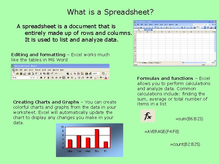 What is a Spreadsheet? A spreadsheet is a document that is entirely made up What is a Spreadsheet? A spreadsheet is a document that is entirely made up