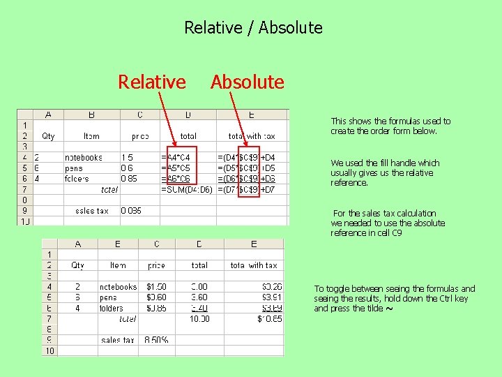 Relative / Absolute Relative Absolute This shows the formulas used to create the order Relative / Absolute Relative Absolute This shows the formulas used to create the order