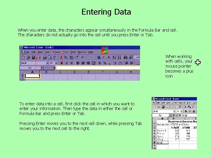 Entering Data When you enter data, the characters appear simultaneously in the Formula Bar Entering Data When you enter data, the characters appear simultaneously in the Formula Bar