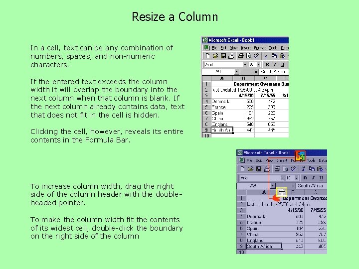 Resize a Column In a cell, text can be any combination of numbers, spaces, Resize a Column In a cell, text can be any combination of numbers, spaces,