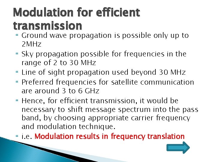 Modulation for efficient transmission Ground wave propagation is possible only up to 2 MHz