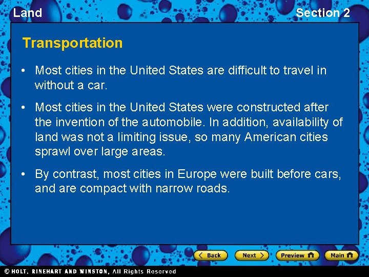 Land Section 2 Transportation • Most cities in the United States are difficult to