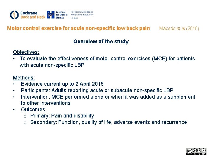 Motor control exercise for acute non-specific low back pain Macedo et al (2016) Overview