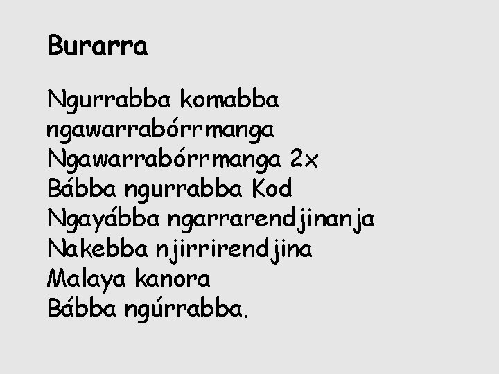 Burarra Ngurrabba komabba ngawarrabórrmanga Ngawarrabórrmanga 2 x Bábba ngurrabba Kod Ngayábba ngarrarendjinanja Nakebba njirrirendjina