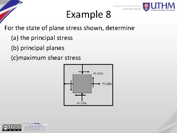 Example 8 For the state of plane stress shown, determine (a) the principal stress