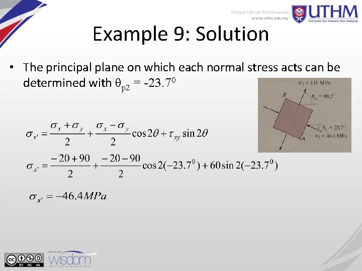 Example 9: Solution • The principal plane on which each normal stress acts can