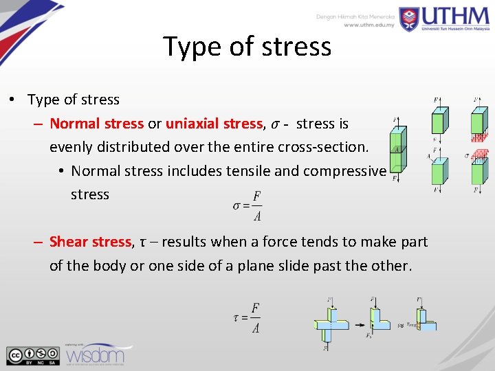 Type of stress • Type of stress – Normal stress or uniaxial stress, σ