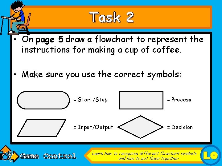 Task 2 • On page 5 draw a flowchart to represent the instructions for