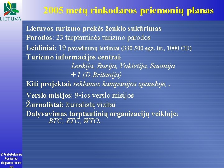 2005 metų rinkodaros priemonių planas Lietuvos turizmo prekės ženklo sukūrimas Parodos: 23 tarptautinės turizmo