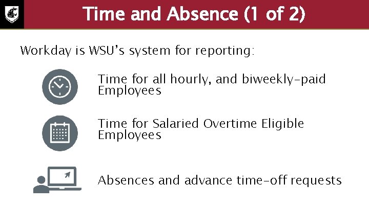 Time and Absence (1 of 2) Workday is WSU’s system for reporting: Time for