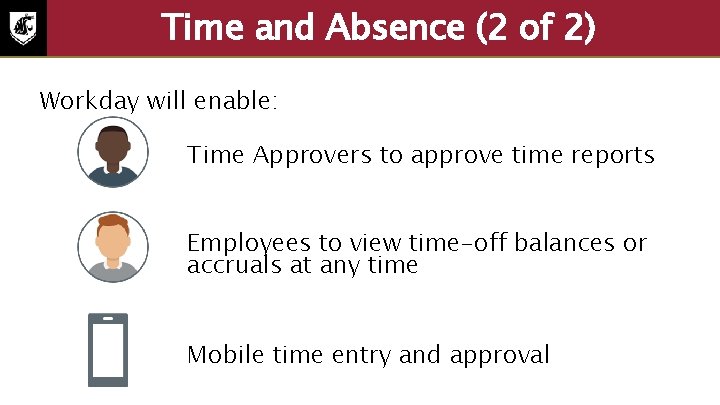 Time and Absence (2 of 2) Workday will enable: Time Approvers to approve time