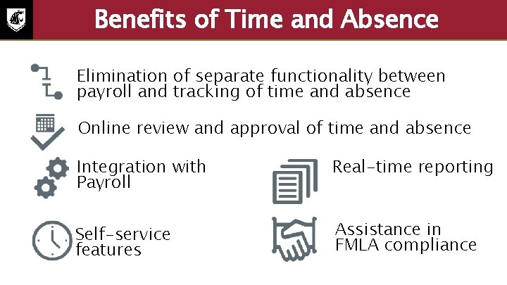 Benefits of Time and Absence Elimination of separate functionality between payroll and tracking of