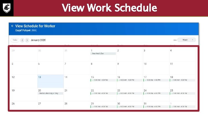 View Work Schedule Screenshot of the view schedule for worker. The calendar is highlighted.