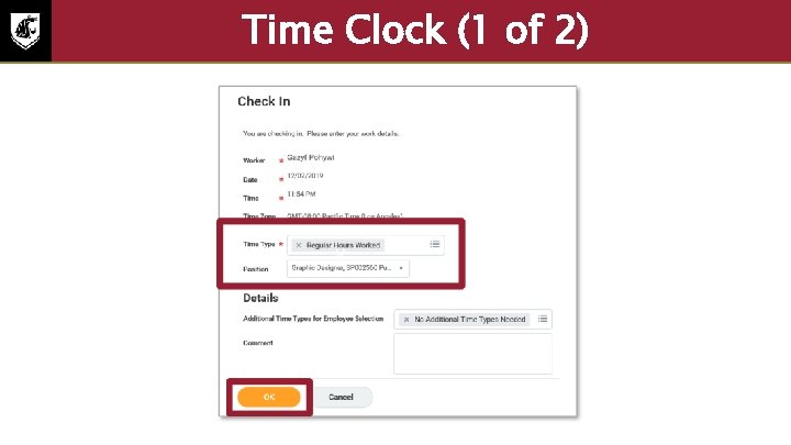 Time Clock (1 of 2) Screenshot of the check in screen with the time