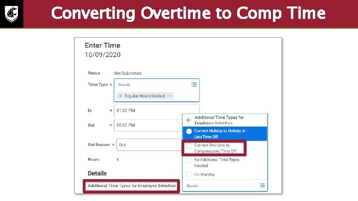 Converting Overtime to Comp Time • Screenshot to convert overtime to comp time. Additional