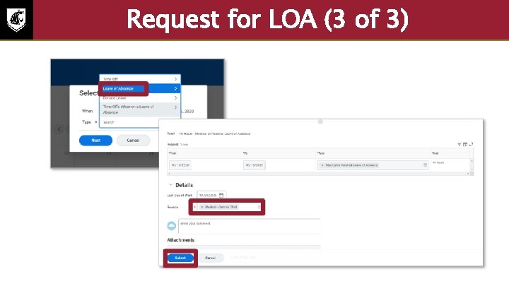 Request for LOA (3 of 3) Screenshot with the Leave of Absence, Leave of
