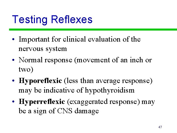 Testing Reflexes • Important for clinical evaluation of the nervous system • Normal response