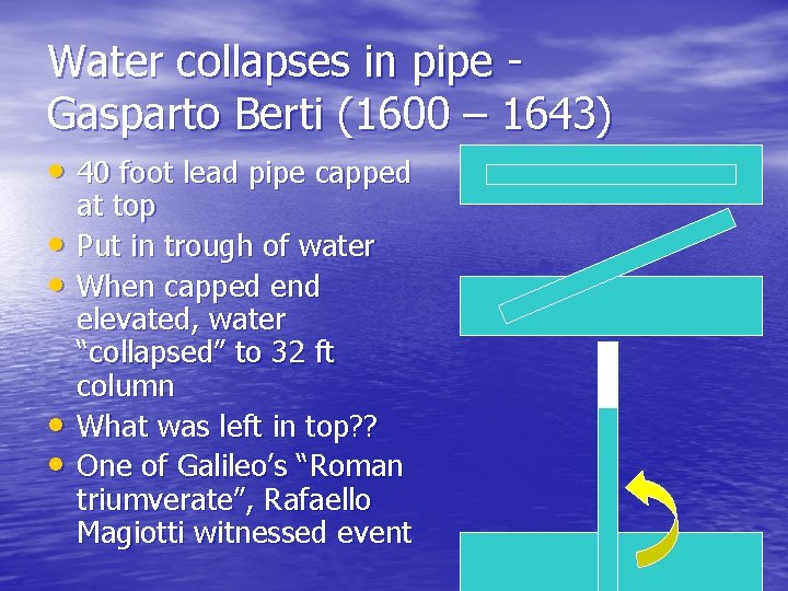 Water collapses in pipe Gasparto Berti (1600 – 1643) • 40 foot lead pipe