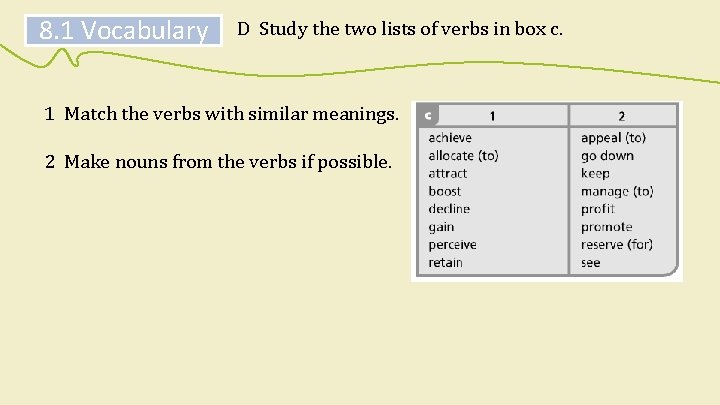 8. 1 Vocabulary D Study the two lists of verbs in box c. 1