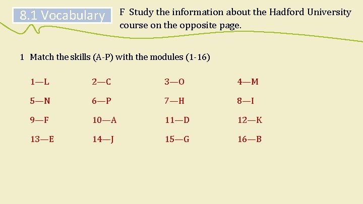 8. 1 Vocabulary F Study the information about the Hadford University course on the