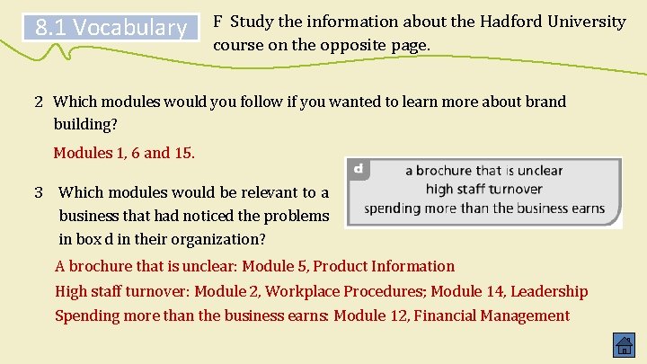 8. 1 Vocabulary F Study the information about the Hadford University course on the