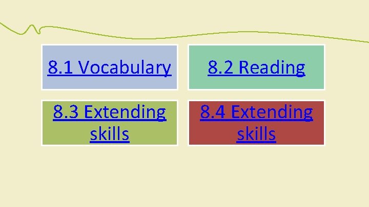 8. 1 Vocabulary 8. 2 Reading 8. 3 Extending skills 8. 4 Extending skills