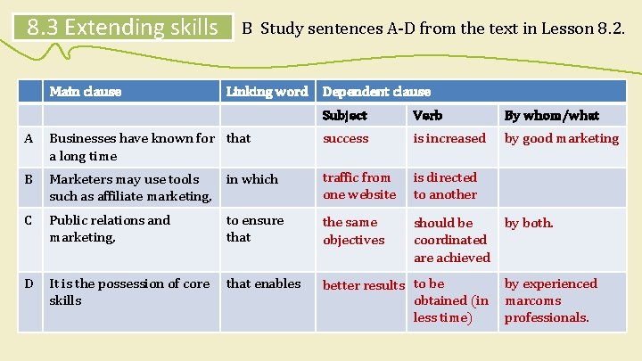 8. 3 Extending skills Main clause B Study sentences A-D from the text in