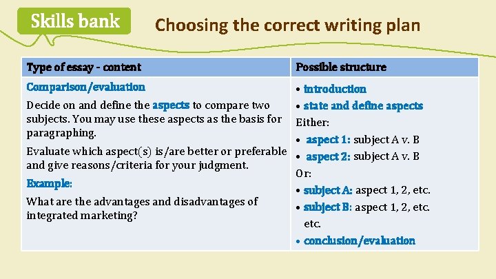 Skills bank Type of essay - content Comparison/evaluation Choosing the correct writing plan Possible